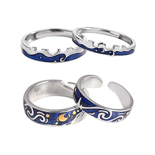 2 pairs S925 Sterling Silver Rings Van Gogh's Sky Design Handmade Unique Blue Open Band Ring Promise Ring Size 5-9.5 Jewelry Gift for Women-Adjustable Size