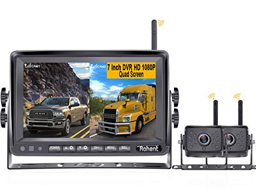 Rohent FHD 1080P Dual Digital Wireless Rear View Camera with 7 Inch DVR Monitor Support Full/Split Screen for Trucks,Trailers,RV High-Speed Observation Backup Camera System IP69K Waterproof R8