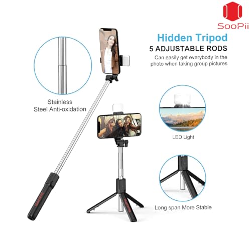 Image of SooPii Selfie Stick Tripod with Fill Light, 7.5-28inch Phone Tripod Stand with Wireless Remote, 3 in 1 Multifunctional Extendable Selfie Stand, Gimbal Mobile Stick Perfect for Selfies /Live Streaming