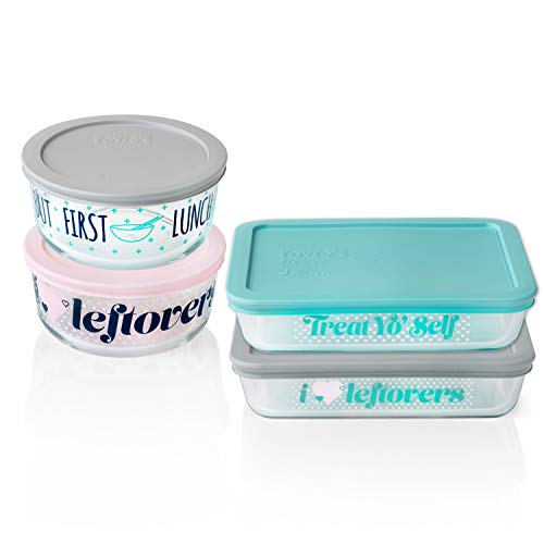Pyrex Decorated Glass Food Storage Set (8-Piece, BPA Free Lids, Meal Prep, Eat My Words) (1136044)