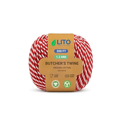 Image of LITO LINEN AND TOWEL 100% Cotton Twine Macrame Thread | Natural Cotton String for Cooking, Baking, Wrapping, Crafts, DIY Garden Decor & Gift Packaging (Red & White, 200 FEET)