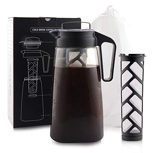 Cold Brewer Coffee Maker Deluxe 2 Quart by Sivaphe Deluxe Patented Manual Iced Tea Method 64oz Leak Proof Coffee Pitcher with 2 Removable Large Finish-Mesh Filters