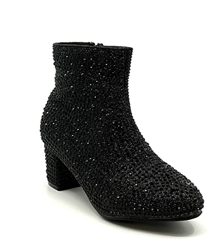 Forever Girls Rhinestone Boots Kids Low Heel Dress Booties Iceberg-12K Shoes Black Rhinestone 1