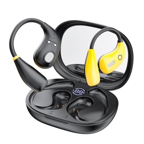 Open Ear Headphones Bluetooth 5.4 Bone Conduction Wireless Earbuds with LED Display Charging Case Makeup Mirror Open Earbuds Ultra-Light Sports Earphones with Secure Fit Sweatproof for Sport, Driving