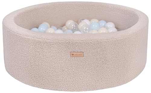 Velinda Bällebad Ballpool Kugelbad Bällchenbad Bällchenpool Pool Bouclé mit 200 Bällen (Farbe des Pools/der Bälle: cappuccinofarben/weiß, transparent, blau, gelb (Pastell))
