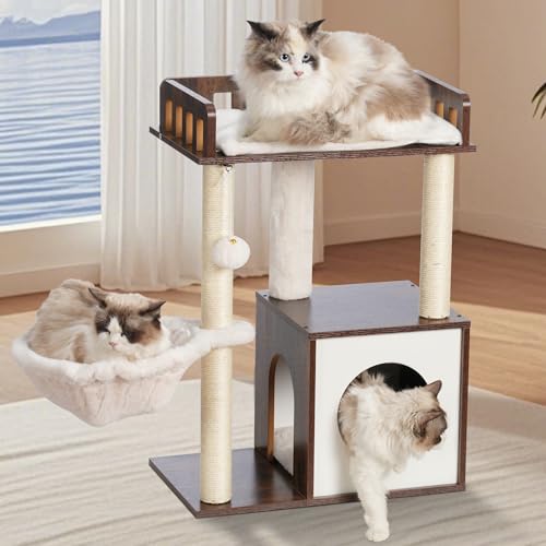 Heybly Cat Tree, Wooden Cat Tower with 3 Scratching Posts, Modern cat Furniture, Cat Condo for Indoor Cats with Wood Cat Cave, Plush Perch, Basket, Pompom, Rustic Brown HCT007SSR - Thumbnail 3