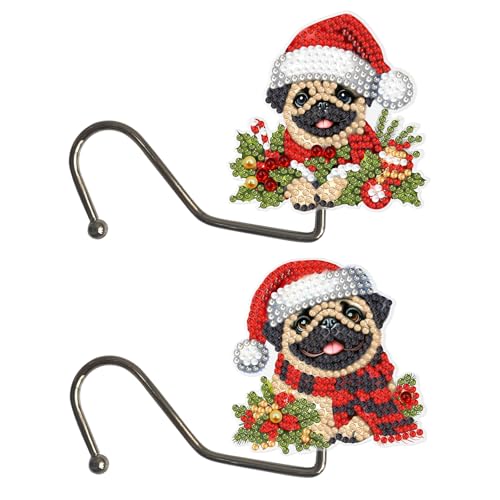 ARTopet 2Pcs Purse Hooks for Table DIY Diamond Art Painting Creative Design PET Desk Hanger Portable Handbag Hangers for Office Desktop Cabinetry-Christmas Puppy01
