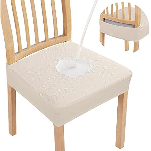 Smiry Waterproof Seat Covers for Dining Room Chairs Set of 4, Stretch Jacquard Removable Washable Chair Seat Slipcovers Protector, No Rear Covers, Beige Cover