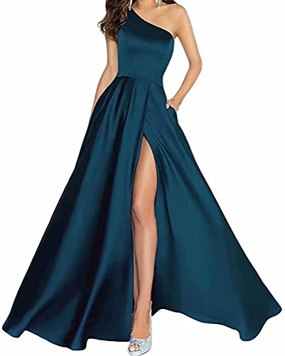 Yuxin Prom Dresses for Teens Long Ball Gown Satin One Shoulder Ball Gown A Line Formal Maxi Dresses with Pocket Teal Us2