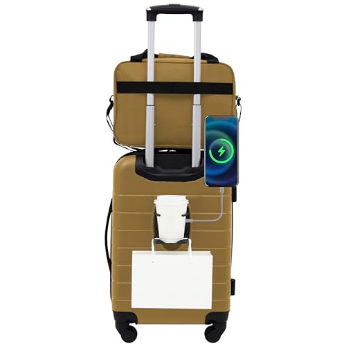 Wrangler Smart Luggage Set with Cup Holder and USB Port, Dark Shadow, 2 Piece Set, Smart Luggage Set with Cup Holder and USB Port