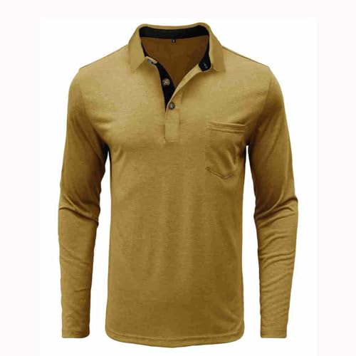 Polo de manga larga para hombre – Camiseta ligera de golf con bolsillo en el pecho – para exteriores, monocolor, cuello abotonado, manga larga, amarillo, S - imagen 5