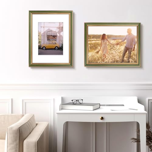 Image of Golden State Art,12x16 Ornate Picture Frame Holds 8.5x11 Photo,Green Gold | Includes real glass front,white mat,build-in hangers and buttons.Displays 8.5x11 photo on wall