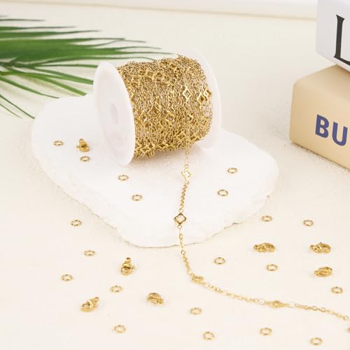 GTVOODX Gold Plated Four Leaf Clover Chain for Permanent Jewelry Making 5 Meters Stainless Steel Cable Chain Spool Bulk for DIY Bracelet with 10 Lobster Clasps and 30 Jump Rings - Image 5