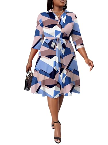 Image of FANDEE Plus Size Midi Dress for Women - Printing Summer Dresses for Wedding Guest Cocktail Party 3 /4 Sleeve V Neck(L-5XL)