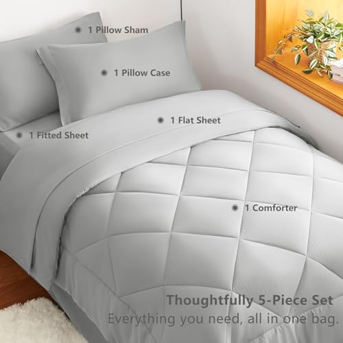 Image of CozyLux Twin Comforter Set with Sheets Light Grey - 5 Pieces Bed in a Bag Twin, All Season Bed Set for Girls and Boys, Bedding Set with Down Alternative Comforter, Sheets, Pillowcase & Sham