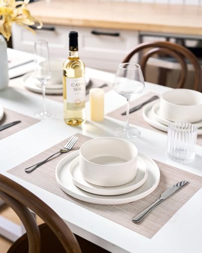 Image of Famiware Porcelain Dinnerware Set, 24-Piece Modern Plate and Bowl Set, dish set for 8, Microwave and Dishwasher Safe Tableware, White