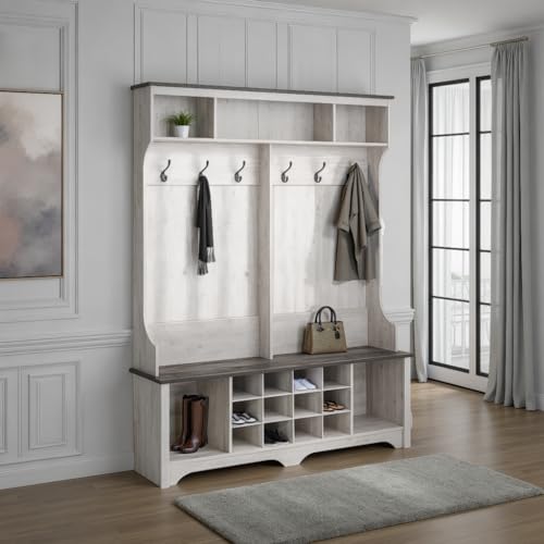 Image of Prepac Farmhouse Washed White Hall Tree, Shoe Cabinet, Storage Cabinet with 12 Shoe Cubbies, 2 Boot Cubbies and 6 Double Coat Hooks 15.5 inch D x 60 inch W x 77 inch H