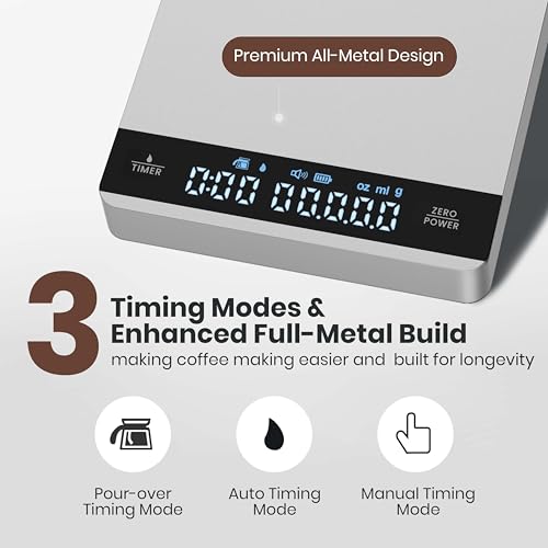 Image of Maestri House S1 Mini Espresso Coffee Scale with Timer, Rechargeable 2kg /0.1g Precision Shot Scale for Espresso Brewing, Portable Digital Coffee Scale with Automatic Timing, Metal Finish-Silver