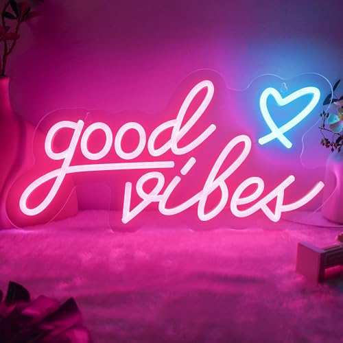Valentine's Day Gifts: Good vibes Neon Sign for Wall -15.7''x 8'' Dimmable Good Vibes LED Light Signs for Bedroom - USB Power Pink Hanging Lighted Up Neon Lights for Room, Office, Party, Salon Decor