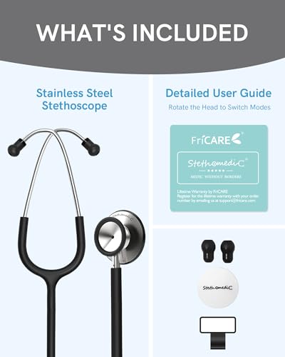 Image of FriCARE Dual Head Stethoscope - Stethoscopes for Nurses, Medical Nursing Students, Paramedics /EMT /LVN /VNA Backup - FSA /HSA Eligible Estetoscopio, Smooth Black Tube, Stainless Steel Chestpiece