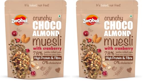 Image of Zerobeli Dark Chocolate Almond Muesli 425g - Rich in Almonds, Pumpkin Seeds Antioxidants, and Cranberry |100% Wholegrain | High in Protein and Fiber | Multigrain Breakfast Cereal (Pack of 2)