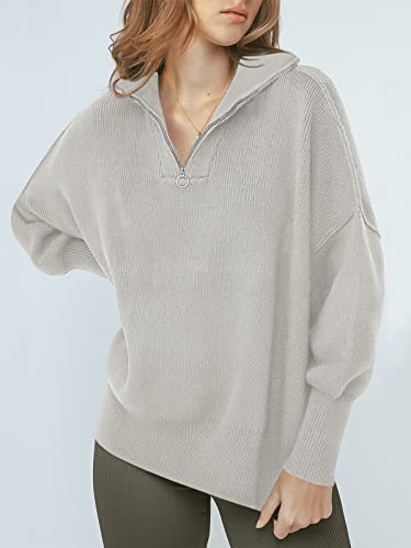 Image of ANRABESS Womens Oversized Quarter Zip Pullover Sweaters | Fall Fashion Outfits, Long Sleeve Slit Side, Baggy Loose Fit, 1 /4 Zip Lapel Collared, Ribbed Knit Soft Warm Winter Clothing