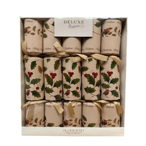 Pride Home & Garden Classic Christmas Party Crackers for loved ones | 10, Xmas Crackers | Luxury Christmas Party Crackers | Multicolour10×14(DELUXE ROBIN HOLY CREAM)
