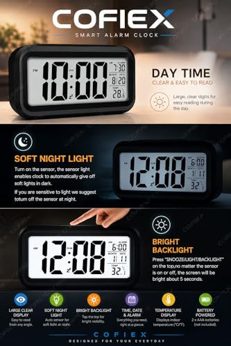 Image of Digital Alarm Clock - Smart Backlight with Auto Sensor, Big LCD Display, Date, Calendar & Temperature, Battery-Powered Travel & Desktop Clock for Home, Bedroom, Office (Multicolor)