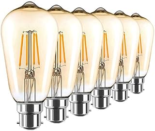 AidSci Vintage Edison Light Bulb LED, B22 Bayonet Cap ST64 Amber Glass Filament Bulb 4W (40W Equivalent) 400LM 2700K Warm White, Retro Antique Old Fashioned Style Edison Lamp, 6-Pack Golden Tinted