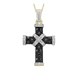 CARISSIMA Women's 9ct Yellow Gold 0.25ct Black and White Diamond Cross Pendant on Curb Chain Necklace of 46cm/18
