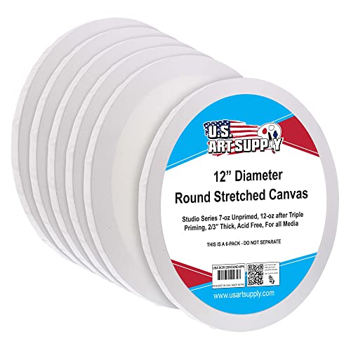 U.S. Art Supply 12 Inch Diameter Round 12 Ounce Primed Gesso Professional Quality Acid-Free Stretched Canvas (Pack of 6)