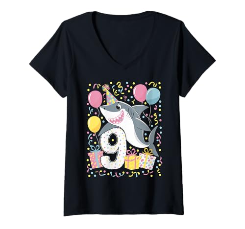 Mujer White Shark 9 cumpleaños niño niña 9 años Tiburón blanco Camiseta Cuello V
