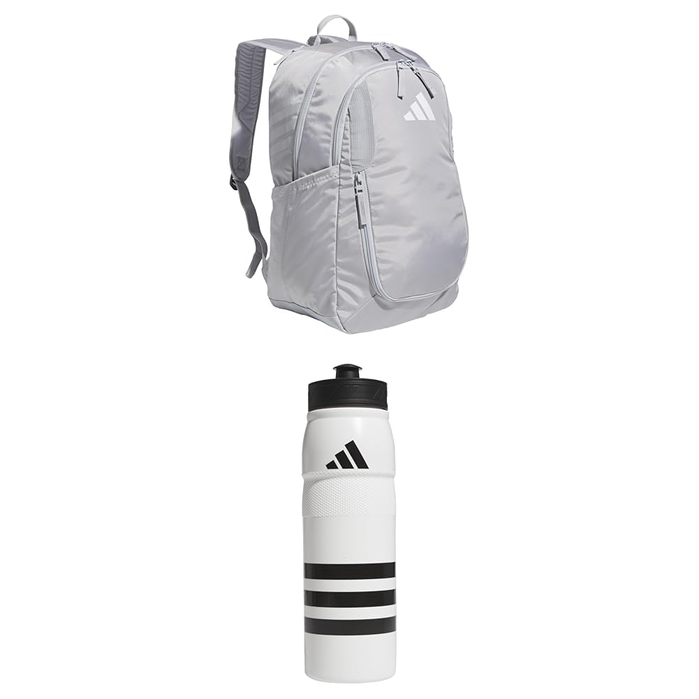 adidas Stadium Team Sports Backpack (36L) + 750 ml (28 oz) Refillable Plastic Sport Water Bottle, Light Grey + White/Black/Black, One Size