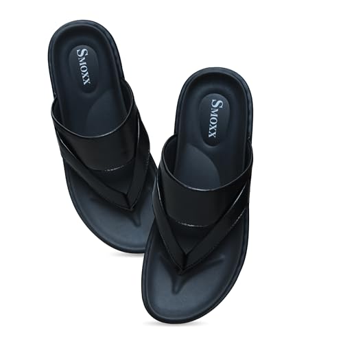 Image of Men's Solid Casual Flat Slipper, Faux Leather Slip-on V-Strap Fashion Slipper For Men