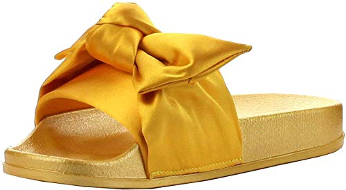 Cape Robbin Moira-19 Women's Fashion Bow Decor Slip On Slide Sandal,Gold,8