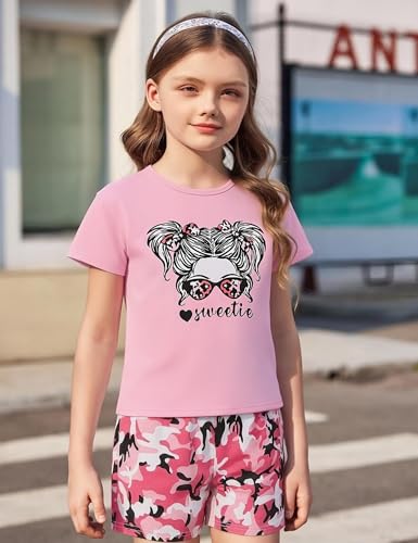 Image of mksodopy Girls Summer Clothse Graphic Print Front and Back High and Low Irregular T-shirt Cycling Shorts Set