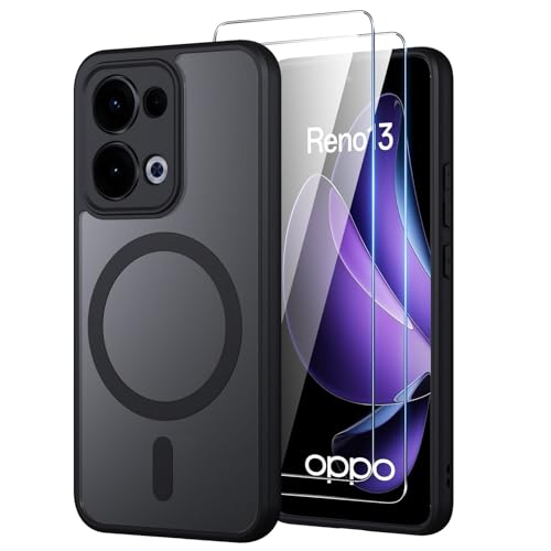 Oelrstfe per OPPO Reno 13 5G Cover Compatibile con MagSafe con 2 Pezzi Vetro Temperato, Custodia Magnetica Traslucida Opaca, [Antiurto Grado Militare] Custodie Posteriore Glassata, Nero