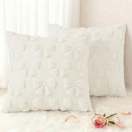 Image of decorUhome Cream White Bow Pillow Covers Set of 2 Coquette Aesthetic Cute Preppy Plush Faux Pillowcases for Girly Bedroom or Couch 18x18 Inch