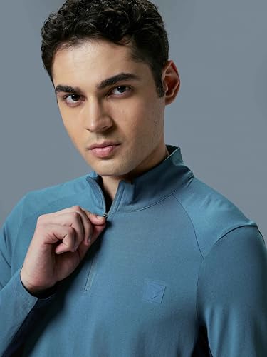 Image of TECHNOSPORT Men Polyester Slim Fit Colorblock Zipper Neck Full Sleeve Cotflex Polo T-Shirt With Quick Dry, Spf50+ For Gym, Sports And Regular Use