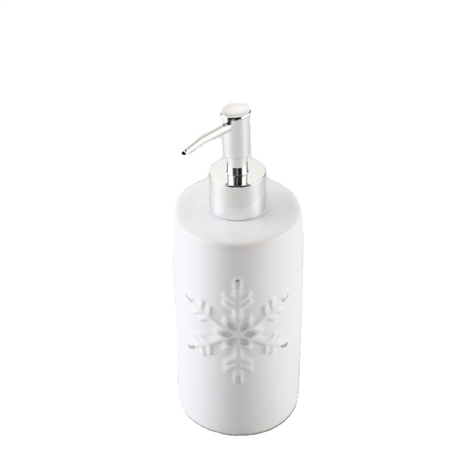 Dispensador de jabón de cerámica para baño, encimera, Relieve, diseño de Copo de Nieve, Blanco, Botella con dosificador, Recargable, para lavavajillas, 550 ml.