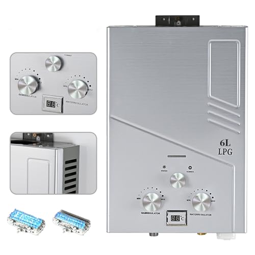 Calentador de agua de gas instantáneo 6L, calentador de agua instantáneo 12KW GLP con perilla de ducha, calentador de agua a gas para casa camping caravana (6L)