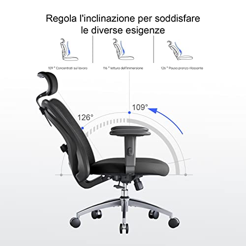 Sedia Ufficio, Sedia scrivania Sedia ergonomica con Supporto Lombare per Poggiatesta e Bracciolo Regolabile, Schienale Alto in Rete, Portata Massima 150 kg - Sedia gaming - Immagine 7