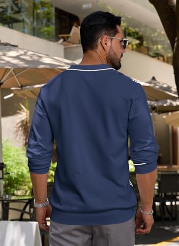 Lexiart Men's Knit Polo Sweater Long Sleeve Striped Dressy Thermal Basic Button Collar Sweater3