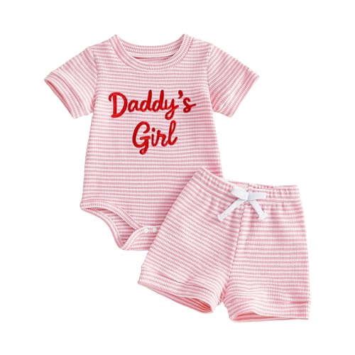 Image of GINEVSAL Daddys Girl Baby Clothes Newborn Girls Summer Outfits Short Sleeve Letter Embroidery Romper + Shorts Set