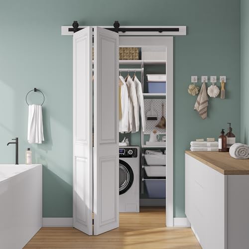 SMARTSTANDARD 60" Bifold Sliding Barn Door Hardware Kit, 5ft Top Mount Bi-Folding Track Kit for Double 28" Closet Pantry Laundry Doors-Smoothly and Quietly, Black [No Door] by SMARTSTANDARD - Image 9