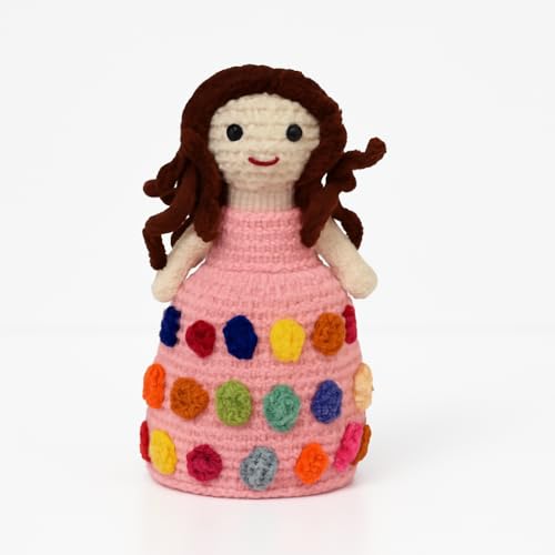 Image of Sutra Handmade Crochet Doll in Pink Rainbow Dress | Wool Amigurumi Soft Toy | Colorful Handmade Gift for Kids, Nursery & Home Decor