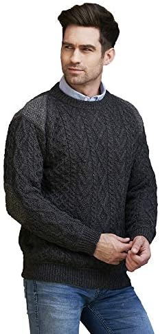 Aran Crafts Men&#39;s Irish Cable Knitted Crew Neck with Tweed (100% Merino Wool)