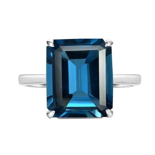 Gems Vibes London Blue Topaz Ring Solid 925 Sterling Silver Ring Emerald Cut Gemstone Ring Handmade Statement Ring For Women Unique Gift For Her Natural Blue Topaz Ring (London Blue Topaz)
