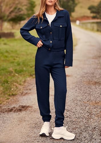 Image of PRETTYGARDEN Womens Two Piece Sets Fall 2026 Long Sleeve Button Down Shacket Jacket Long Sweatpants Tracksuit Winter Clothes