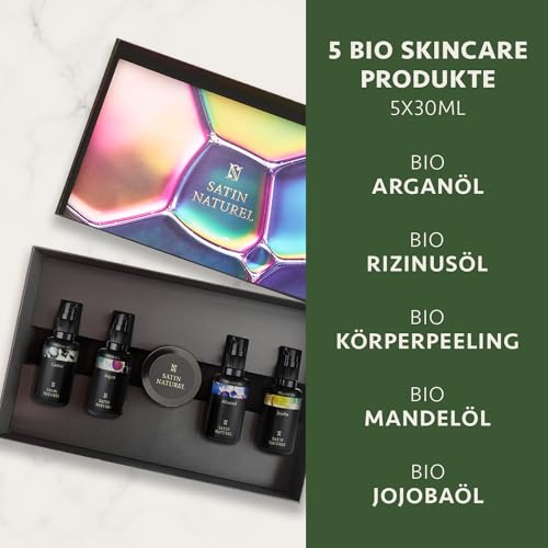 Satin Naturel Pampering Gift Set for Women with Organic Argan Oil, Castor Oil, Almond Oil, Jojoba Oil and Shea Butter, Wellness Set